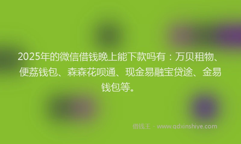 2025年的微信借钱晚上能下款吗有：万贝租物、便荔钱包、森森花呗通、现金易融宝贷途、金易钱包等。