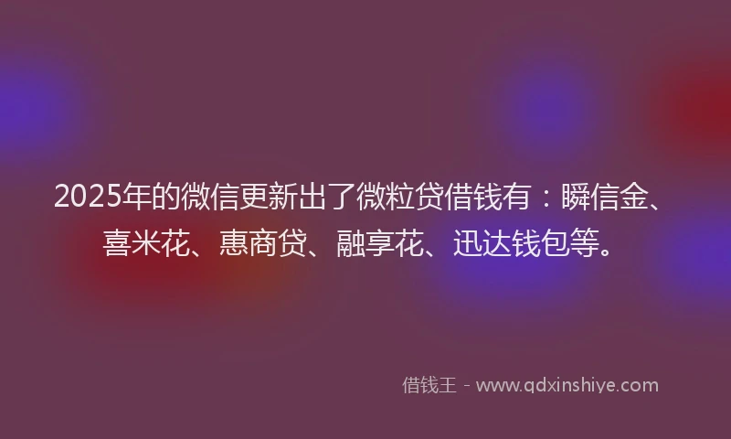 2025年的微信更新出了微粒贷借钱有：瞬信金、喜米花、惠商贷、融享花、迅达钱包等。