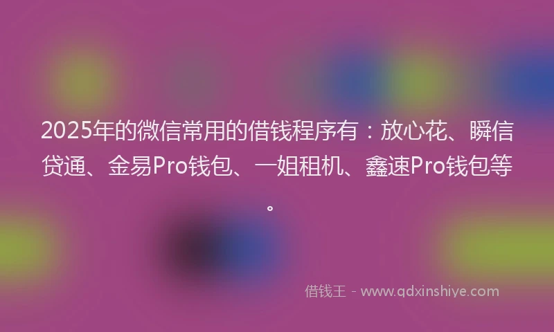2025年的微信常用的借钱程序有：放心花、瞬信贷通、金易Pro钱包、一姐租机、鑫速Pro钱包等。