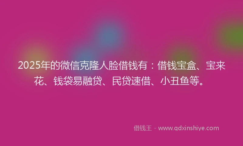 2025年的微信克隆人脸借钱有：借钱宝盒、宝来花、钱袋易融贷、民贷速借、小丑鱼等。