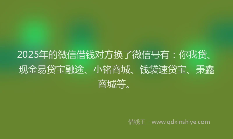 2025年的微信借钱对方换了微信号有：你我贷、现金易贷宝融途、小铭商城、钱袋速贷宝、秉鑫商城等。