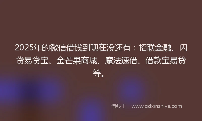 2025年的微信借钱到现在没还有：招联金融、闪贷易贷宝、金芒果商城、魔法速借、借款宝易贷等。
