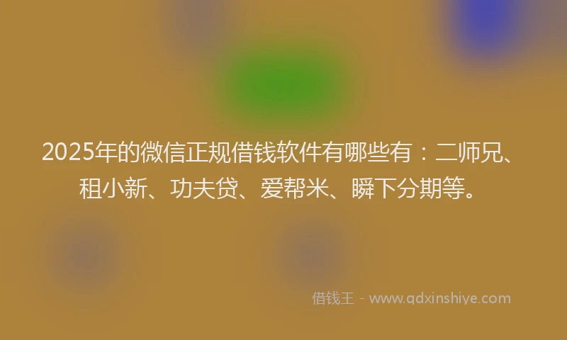 2025年的微信正规借钱软件有哪些有：二师兄、租小新、功夫贷、爱帮米、瞬下分期等。