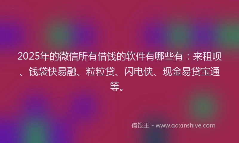 2025年的微信所有借钱的软件有哪些有：来租呗、钱袋快易融、粒粒贷、闪电侠、现金易贷宝通等。