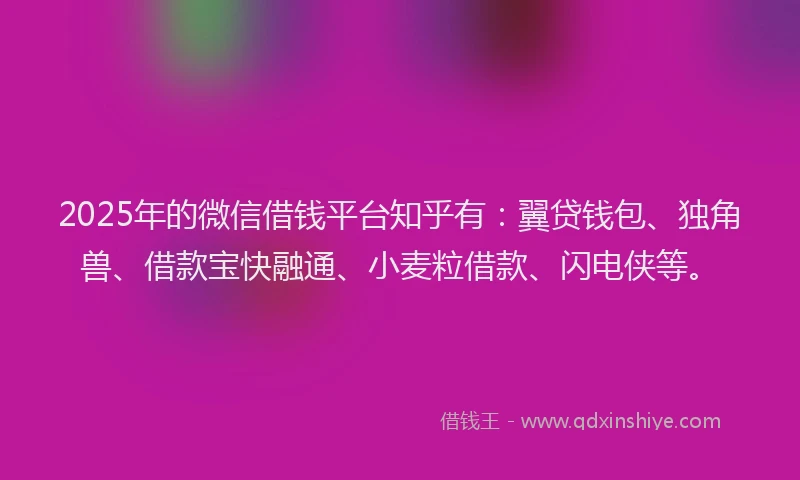 2025年的微信借钱平台知乎有：翼贷钱包、独角兽、借款宝快融通、小麦粒借款、闪电侠等。