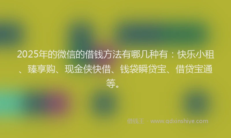 2025年的微信的借钱方法有哪几种有：快乐小租、臻享购、现金侠快借、钱袋瞬贷宝、借贷宝通等。