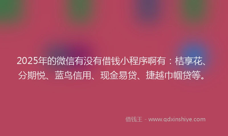 2025年的微信有没有借钱小程序啊有：桔享花、分期悦、蓝鸟信用、现金易贷、捷越巾帼贷等。
