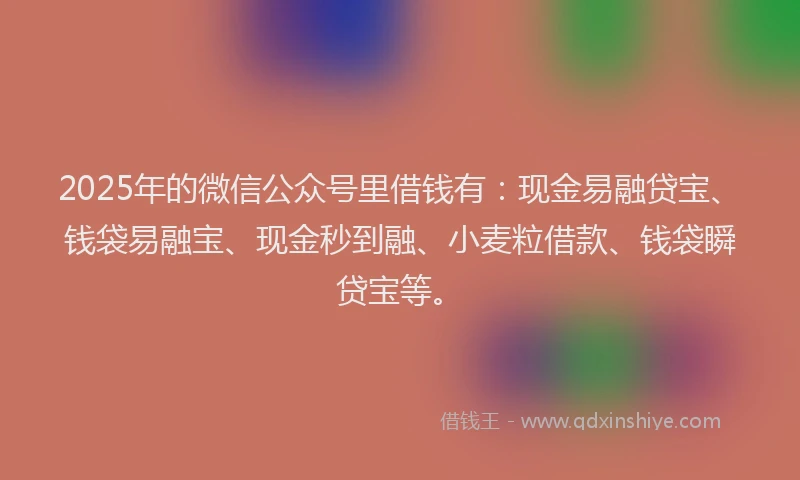 2025年的微信公众号里借钱有：现金易融贷宝、钱袋易融宝、现金秒到融、小麦粒借款、钱袋瞬贷宝等。