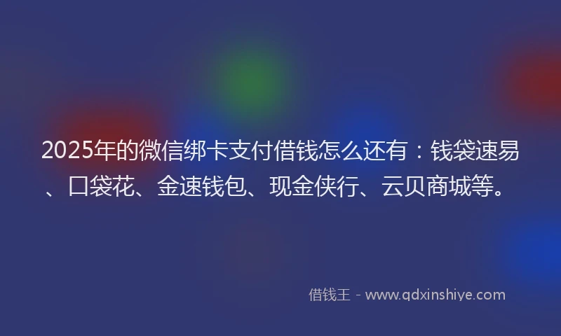 2025年的微信绑卡支付借钱怎么还有：钱袋速易、口袋花、金速钱包、现金侠行、云贝商城等。