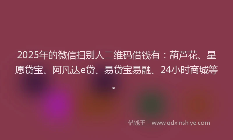 2025年的微信扫别人二维码借钱有：葫芦花、星愿贷宝、阿凡达e贷、易贷宝易融、24小时商城等。
