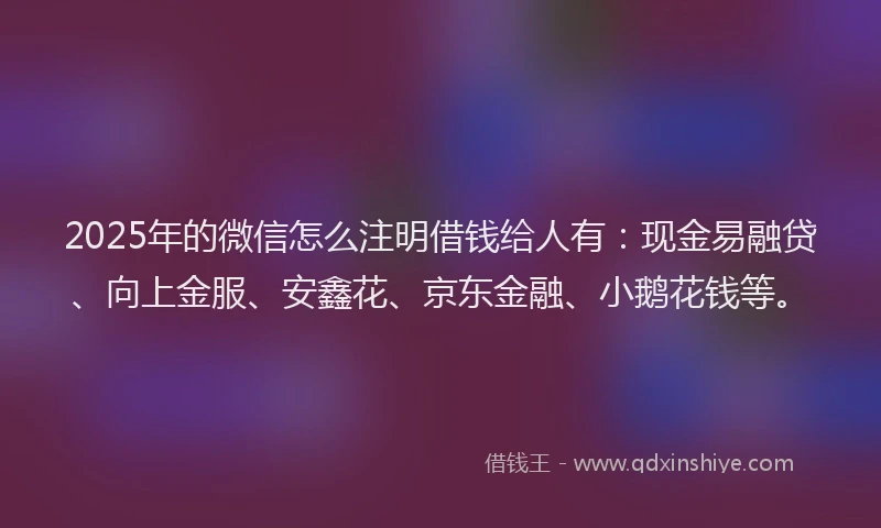 2025年的微信怎么注明借钱给人有：现金易融贷、向上金服、安鑫花、京东金融、小鹅花钱等。
