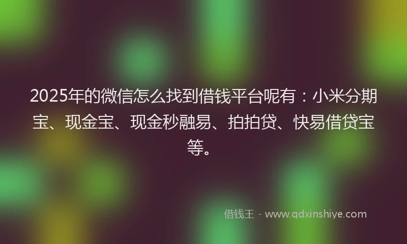 2025年的微信怎么找到借钱平台呢有：小米分期宝、现金宝、现金秒融易、拍拍贷、快易借贷宝等。
