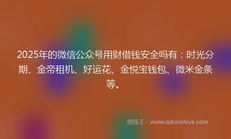 2025年的微信公众号用财借钱安全吗有：时光分期、金帝租机、好运花、金悦宝钱包、微米金条等。