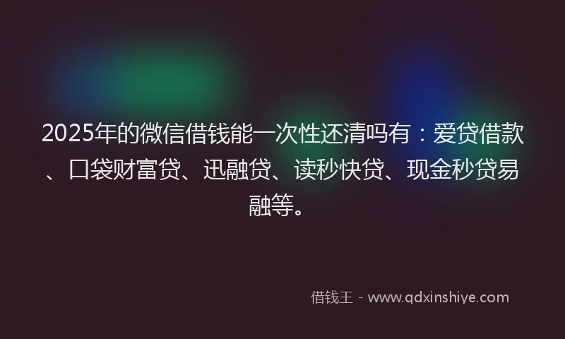 2025年的微信借钱能一次性还清吗有：爱贷借款、口袋财富贷、迅融贷、读秒快贷、现金秒贷易融等。