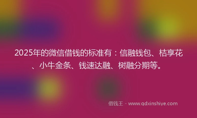2025年的微信借钱的标准有：信融钱包、桔享花、小牛金条、钱速达融、树融分期等。