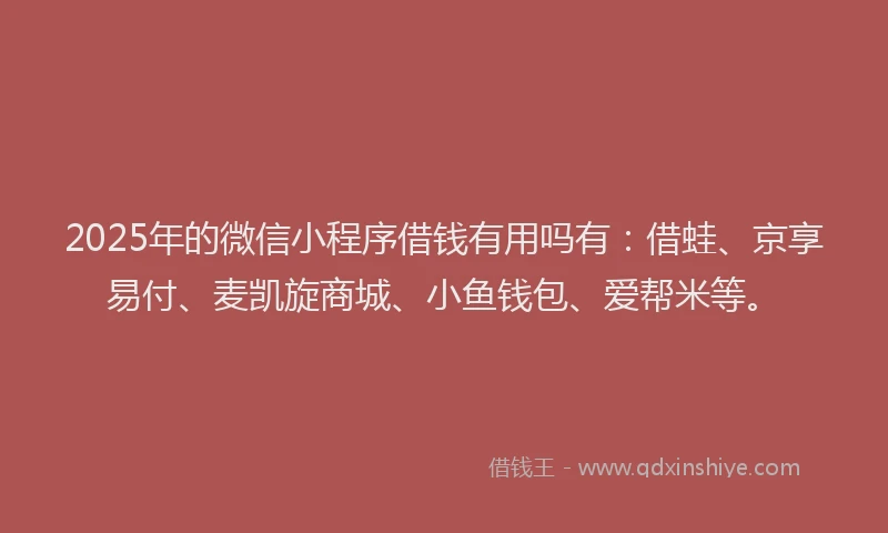 2025年的微信小程序借钱有用吗有：借蛙、京享易付、麦凯旋商城、小鱼钱包、爱帮米等。