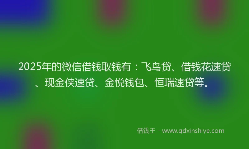 2025年的微信借钱取钱有：飞鸟贷、借钱花速贷、现金侠速贷、金悦钱包、恒瑞速贷等。