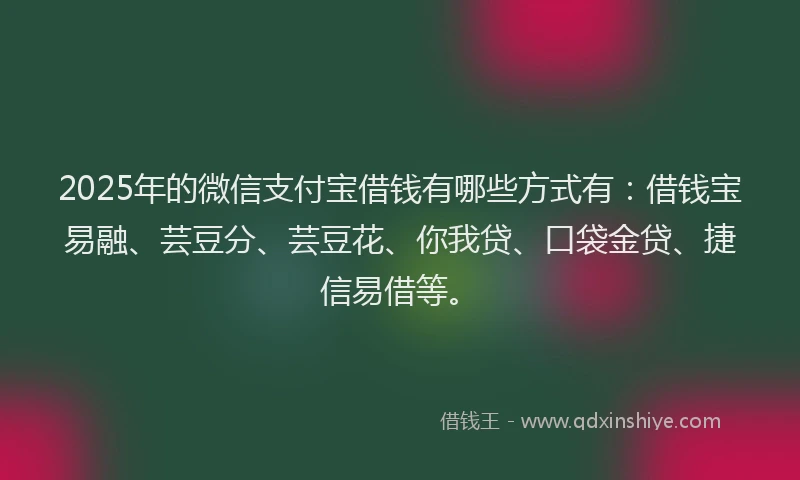 2025年的微信支付宝借钱有哪些方式有：借钱宝易融、芸豆分、芸豆花、你我贷、口袋金贷、捷信易借等。