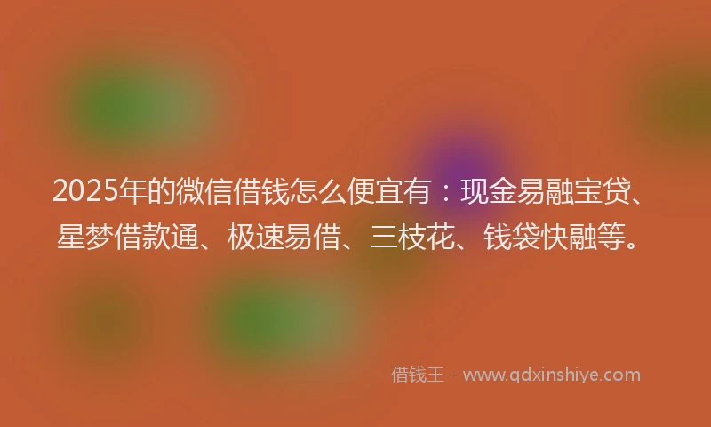 2025年的微信借钱怎么便宜有：现金易融宝贷、星梦借款通、极速易借、三枝花、钱袋快融等。