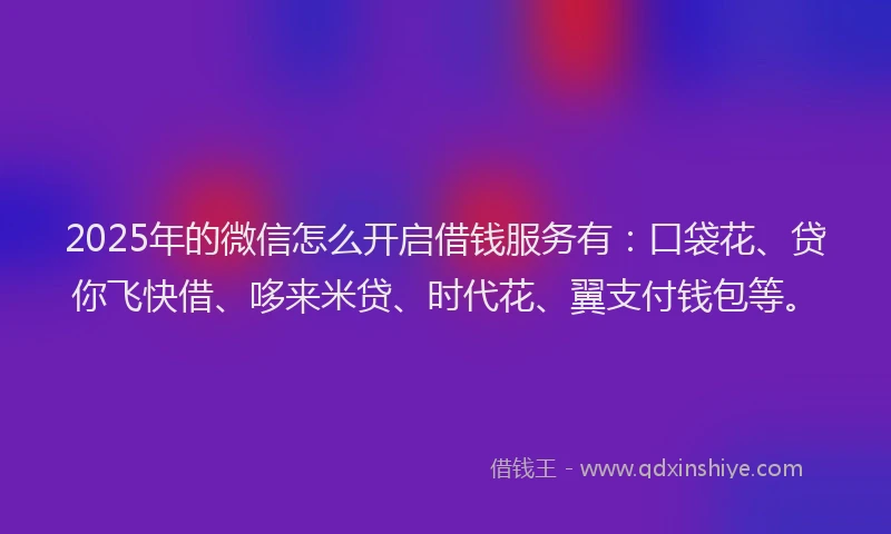 2025年的微信怎么开启借钱服务有：口袋花、贷你飞快借、哆来米贷、时代花、翼支付钱包等。