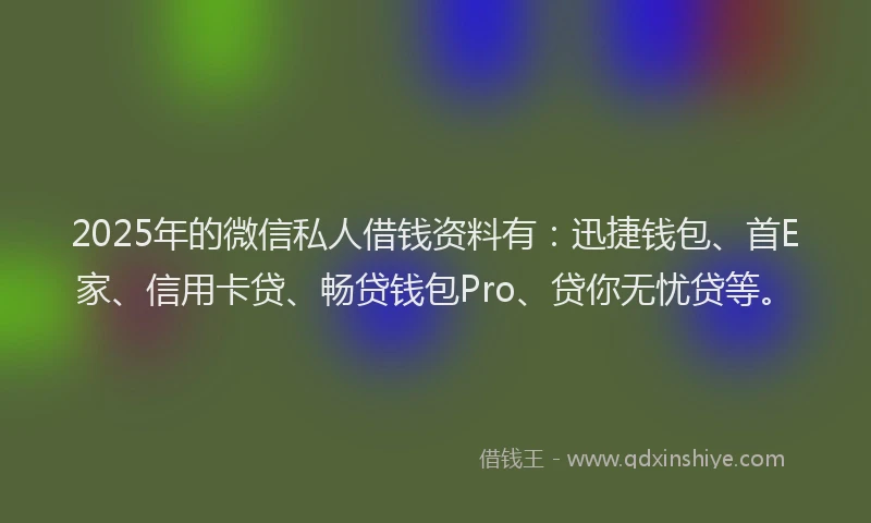 2025年的微信私人借钱资料有：迅捷钱包、首E家、信用卡贷、畅贷钱包Pro、贷你无忧贷等。
