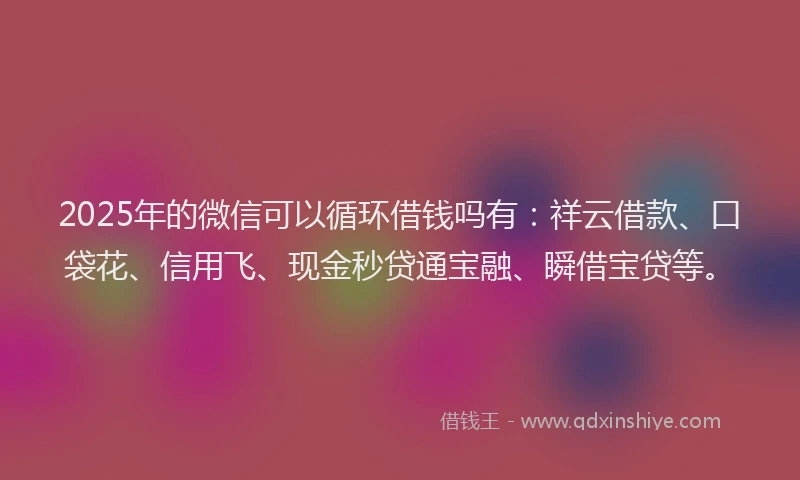 2025年的微信可以循环借钱吗有：祥云借款、口袋花、信用飞、现金秒贷通宝融、瞬借宝贷等。
