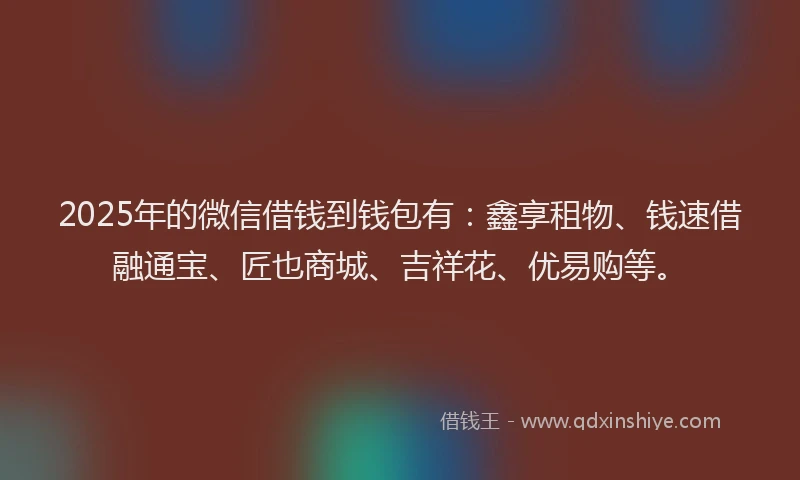 2025年的微信借钱到钱包有：鑫享租物、钱速借融通宝、匠也商城、吉祥花、优易购等。
