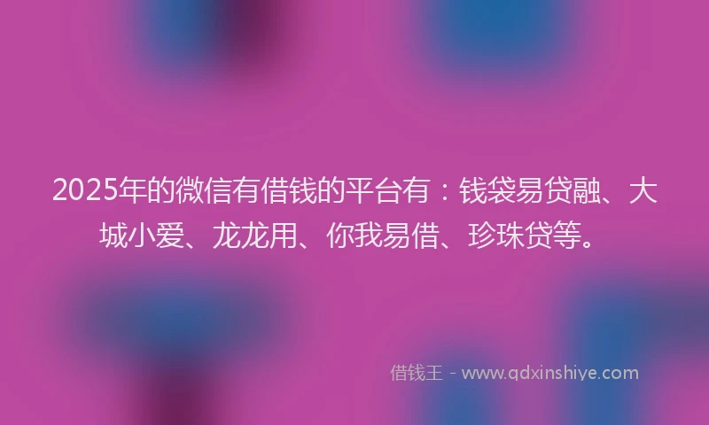 2025年的微信有借钱的平台有：钱袋易贷融、大城小爱、龙龙用、你我易借、珍珠贷等。