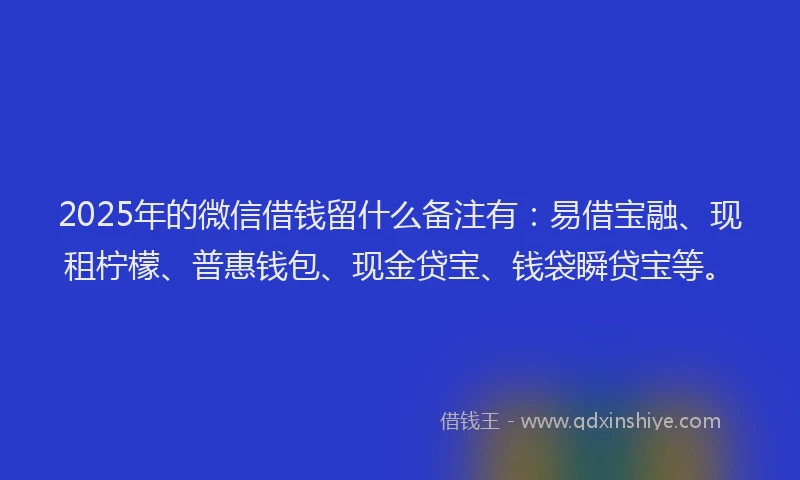 2025年的微信借钱留什么备注有：易借宝融、现租柠檬、普惠钱包、现金贷宝、钱袋瞬贷宝等。