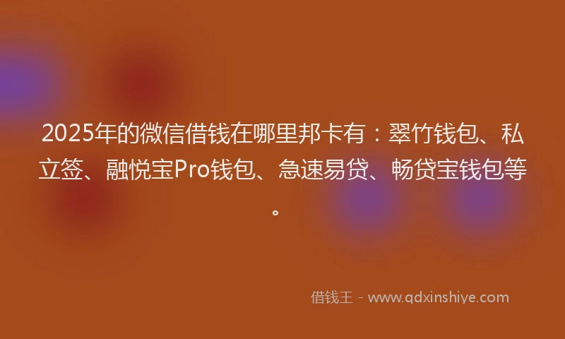2025年的微信借钱在哪里邦卡有：翠竹钱包、私立签、融悦宝Pro钱包、急速易贷、畅贷宝钱包等。