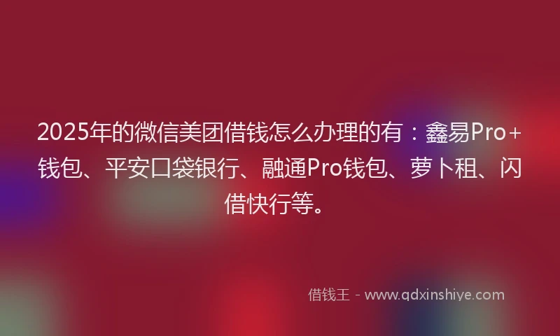 2025年的微信美团借钱怎么办理的有：鑫易Pro+钱包、平安口袋银行、融通Pro钱包、萝卜租、闪借快行等。