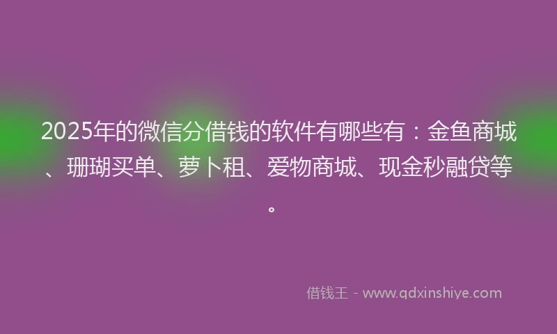 2025年的微信分借钱的软件有哪些有：金鱼商城、珊瑚买单、萝卜租、爱物商城、现金秒融贷等。