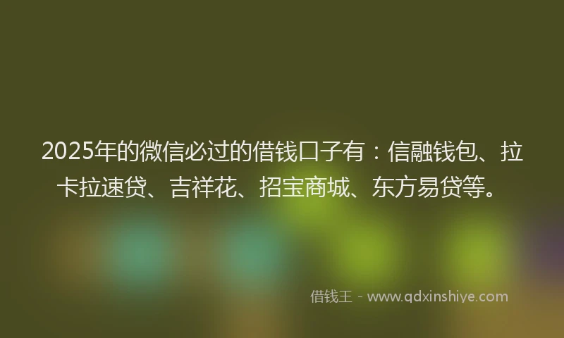 2025年的微信必过的借钱口子有：信融钱包、拉卡拉速贷、吉祥花、招宝商城、东方易贷等。