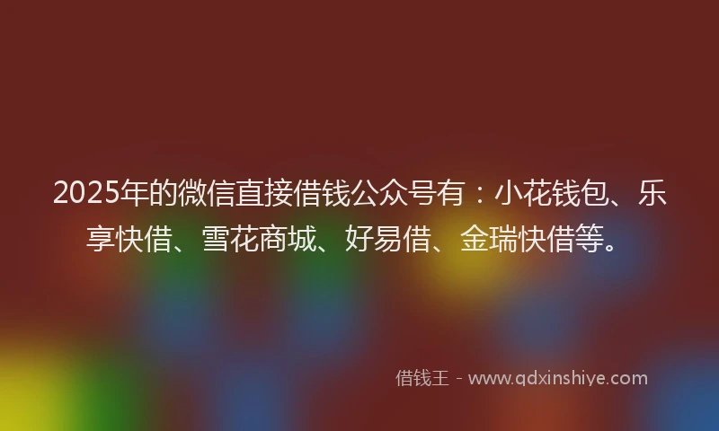 2025年的微信直接借钱公众号有：小花钱包、乐享快借、雪花商城、好易借、金瑞快借等。