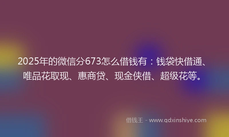 2025年的微信分673怎么借钱有：钱袋快借通、唯品花取现、惠商贷、现金侠借、超级花等。