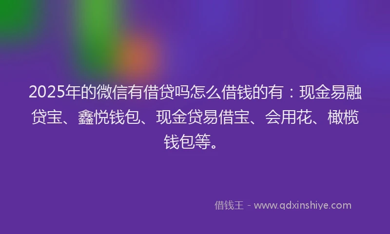 2025年的微信有借贷吗怎么借钱的有：现金易融贷宝、鑫悦钱包、现金贷易借宝、会用花、橄榄钱包等。