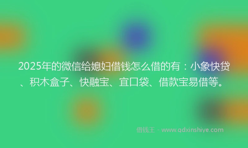 2025年的微信给媳妇借钱怎么借的有：小象快贷、积木盒子、快融宝、宜口袋、借款宝易借等。