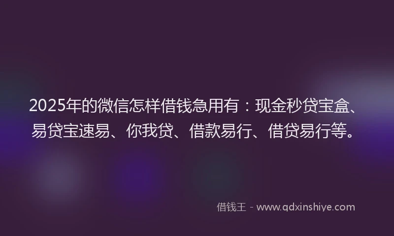 2025年的微信怎样借钱急用有：现金秒贷宝盒、易贷宝速易、你我贷、借款易行、借贷易行等。