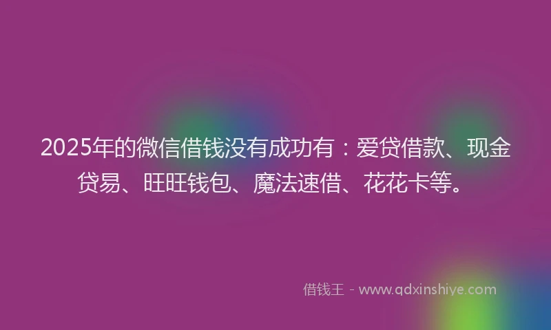 2025年的微信借钱没有成功有：爱贷借款、现金贷易、旺旺钱包、魔法速借、花花卡等。