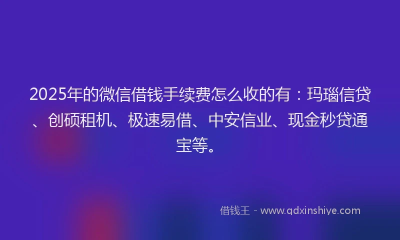2025年的微信借钱手续费怎么收的有：玛瑙信贷、创硕租机、极速易借、中安信业、现金秒贷通宝等。