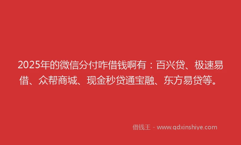 2025年的微信分付咋借钱啊有：百兴贷、极速易借、众帮商城、现金秒贷通宝融、东方易贷等。