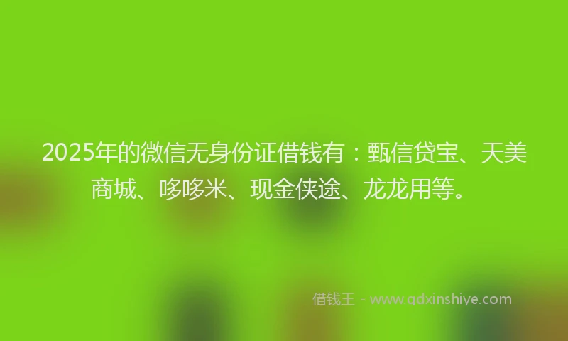 2025年的微信无身份证借钱有：甄信贷宝、天美商城、哆哆米、现金侠途、龙龙用等。