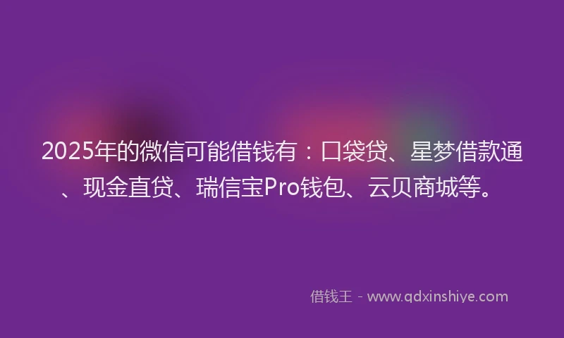 2025年的微信可能借钱有：口袋贷、星梦借款通、现金直贷、瑞信宝Pro钱包、云贝商城等。
