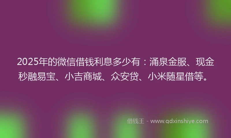 2025年的微信借钱利息多少有：涌泉金服、现金秒融易宝、小吉商城、众安贷、小米随星借等。