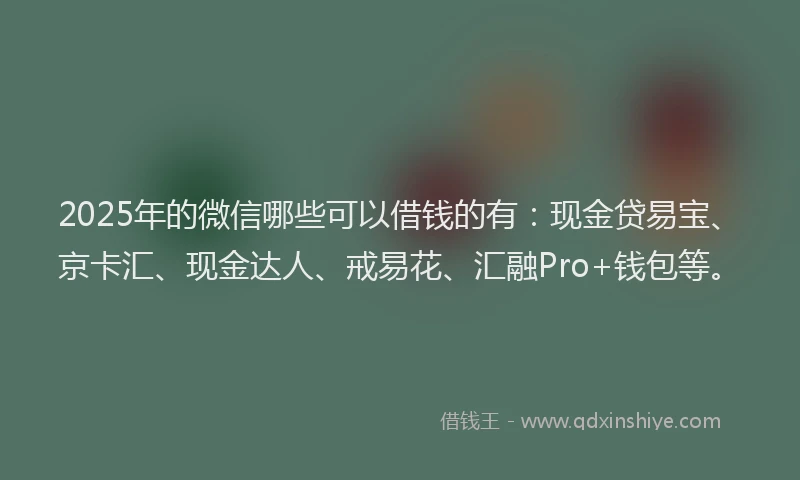 2025年的微信哪些可以借钱的有：现金贷易宝、京卡汇、现金达人、戒易花、汇融Pro+钱包等。