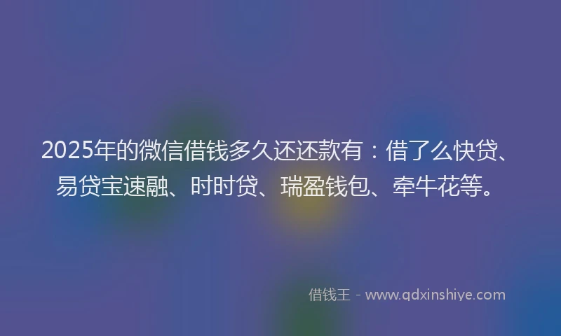 2025年的微信借钱多久还还款有：借了么快贷、易贷宝速融、时时贷、瑞盈钱包、牵牛花等。