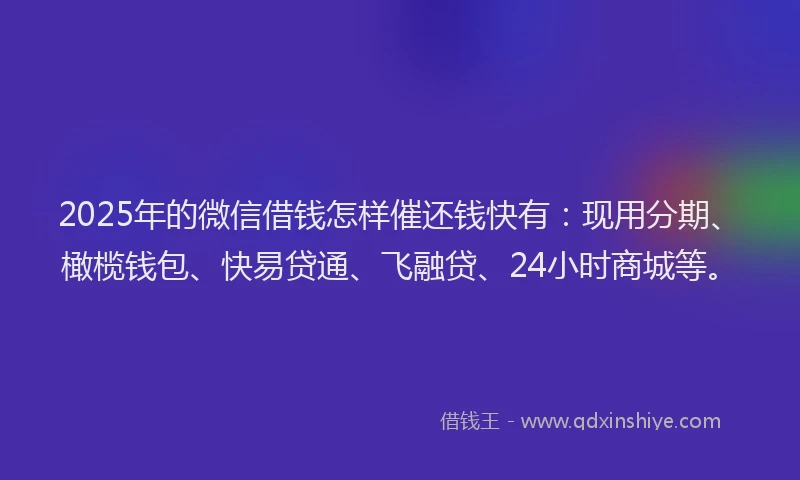 2025年的微信借钱怎样催还钱快有：现用分期、橄榄钱包、快易贷通、飞融贷、24小时商城等。