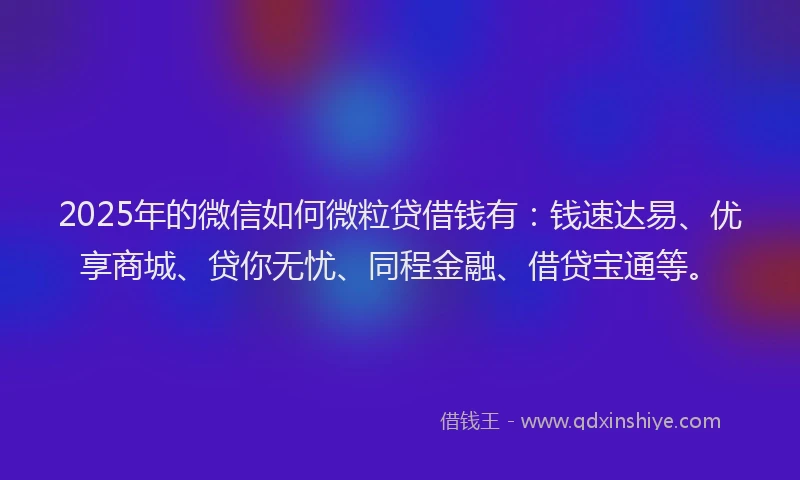 2025年的微信如何微粒贷借钱有：钱速达易、优享商城、贷你无忧、同程金融、借贷宝通等。