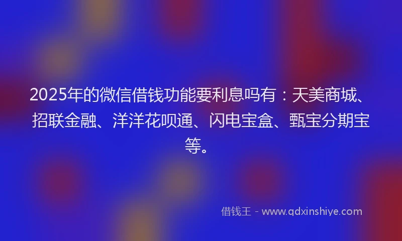 2025年的微信借钱功能要利息吗有：天美商城、招联金融、洋洋花呗通、闪电宝盒、甄宝分期宝等。