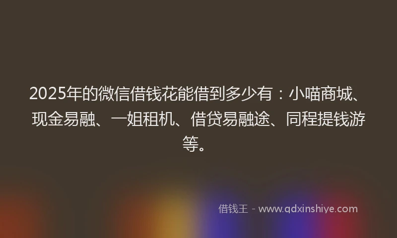 2025年的微信借钱花能借到多少有：小喵商城、现金易融、一姐租机、借贷易融途、同程提钱游等。